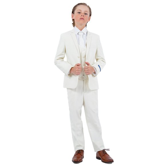 5-Piece Perry Ellis Portfolio Boys Slim Fit Solid Suit, Off-White - Picture 2 of 6